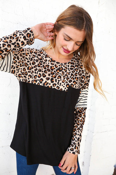 Midnight Leopard Stripe Color Block Knit Top