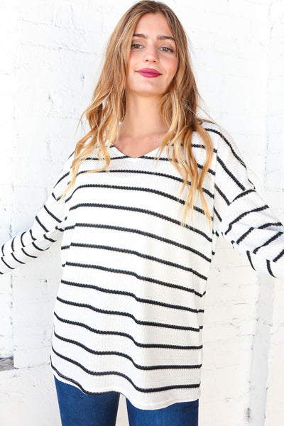 Ivory & Black Stripe Waffle V Neck Slouchy Top