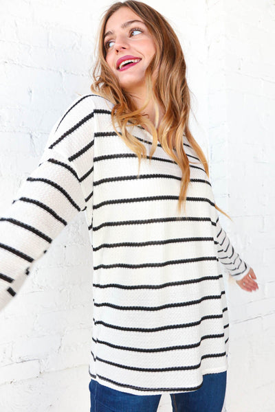 Ivory & Black Stripe Waffle V Neck Slouchy Top