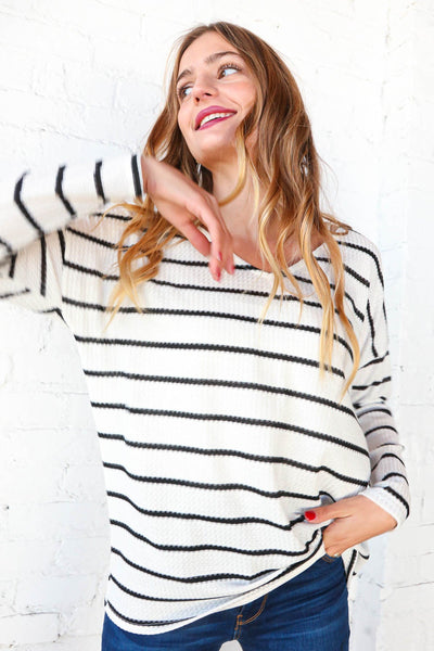 Ivory & Black Stripe Waffle V Neck Slouchy Top