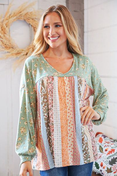 Mint Boho Floral Yoke & Ethnic Stripe Patchwork Top