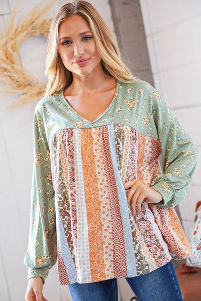 Mint Boho Floral Yoke & Ethnic Stripe Patchwork Top