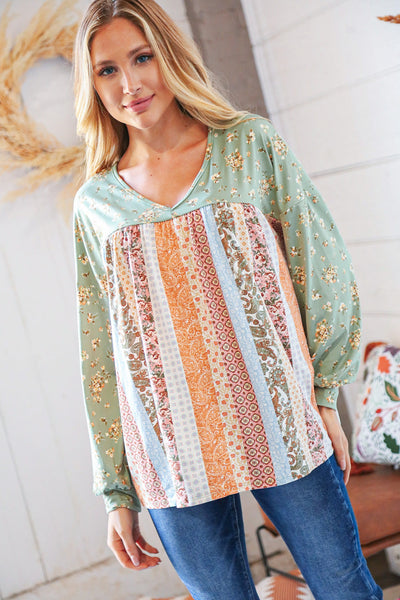 Mint Boho Floral Yoke & Ethnic Stripe Patchwork Top