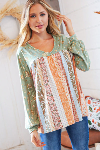 Mint Boho Floral Yoke & Ethnic Stripe Patchwork Top