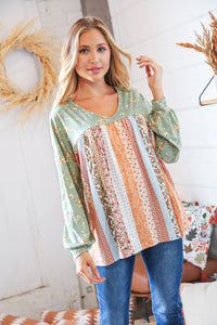 Mint Boho Floral Yoke & Ethnic Stripe Patchwork Top