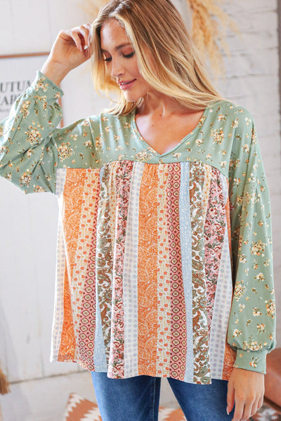 Mint Boho Floral Yoke & Ethnic Stripe Patchwork Top