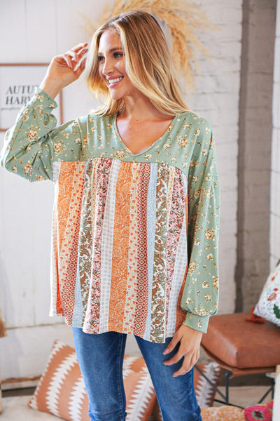 Mint Boho Floral Yoke & Ethnic Stripe Patchwork Top