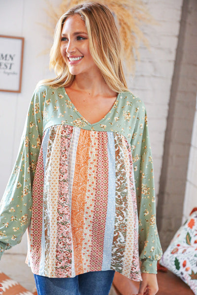 Mint Boho Floral Yoke & Ethnic Stripe Patchwork Top