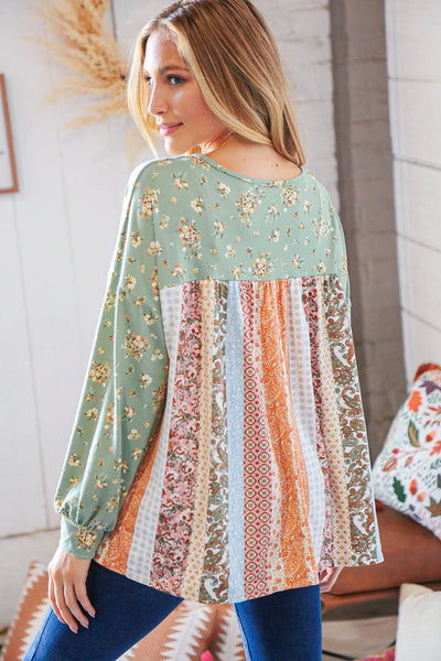 Mint Boho Floral Yoke & Ethnic Stripe Patchwork Top