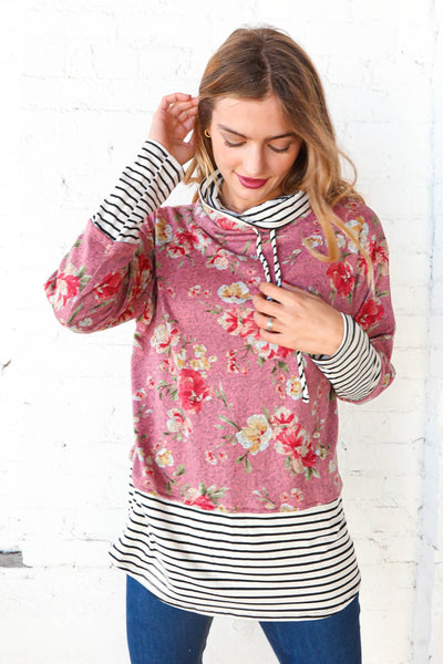 Mauve Floral Stripe Color Block Turtleneck