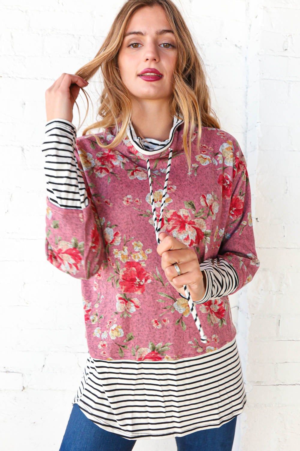 Mauve Floral Stripe Color Block Turtleneck