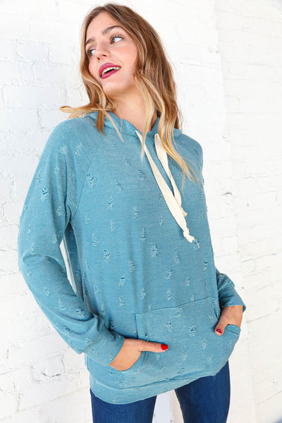 Teal Distressed French Terry Raglan Hoodie