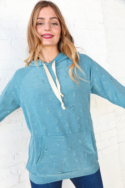 Teal Distressed French Terry Raglan Hoodie