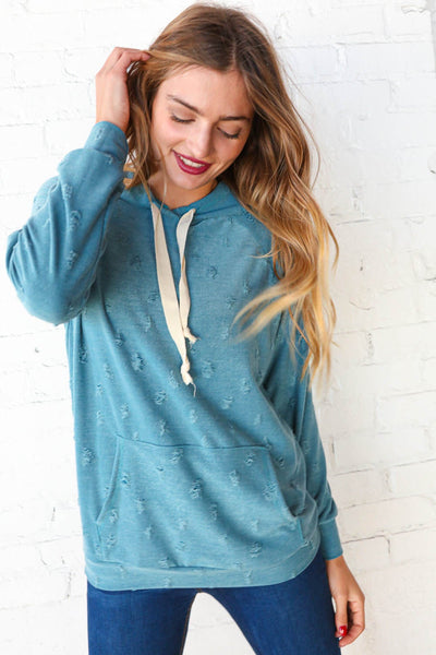 Teal Distressed French Terry Raglan Hoodie