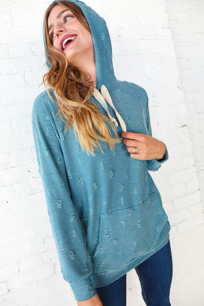 Teal Distressed French Terry Raglan Hoodie