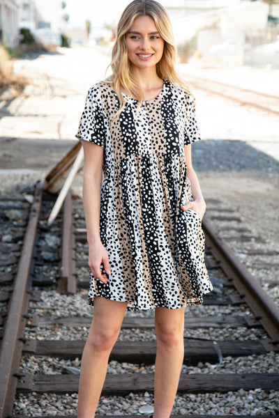 Beige & Cream Animal Fit and Flare Pocketed Midi Dress