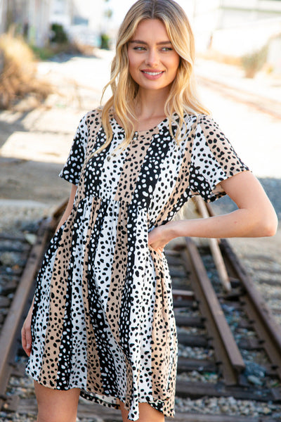 Beige & Cream Animal Fit and Flare Pocketed Midi Dress