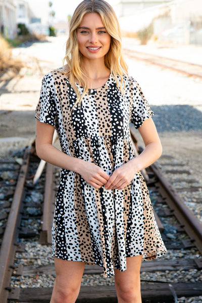 Beige & Cream Animal Fit and Flare Pocketed Midi Dress