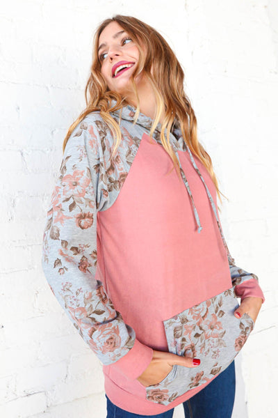 Coral and Silver Floral Print Hoodie