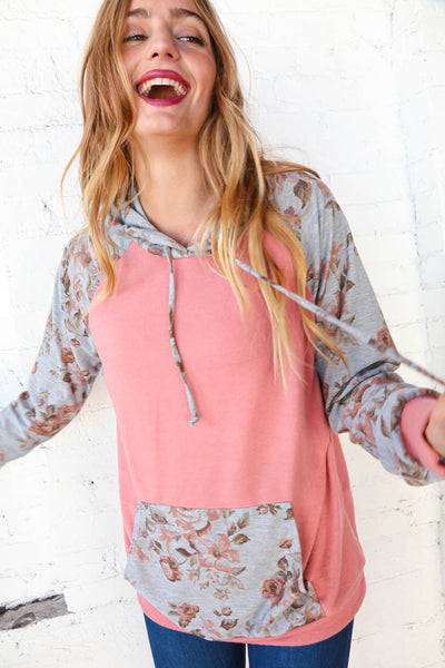 Coral and Silver Floral Print Hoodie