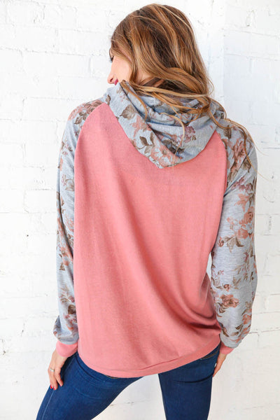 Coral and Silver Floral Print Hoodie