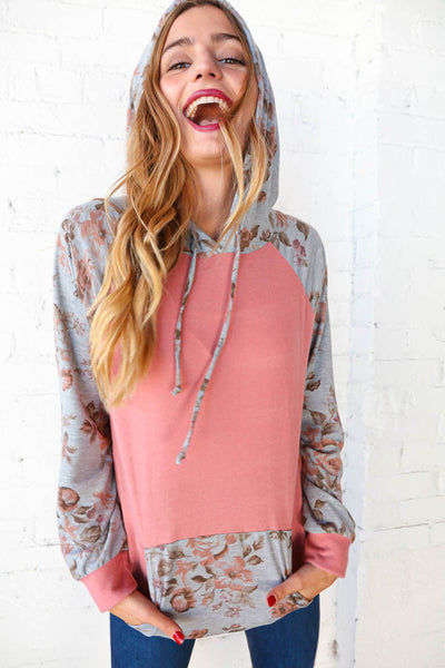 Coral and Silver Floral Print Hoodie