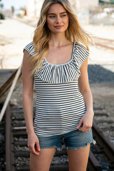 Black/Cream Stripe Ruffle Sleeveless Rib Tank Top