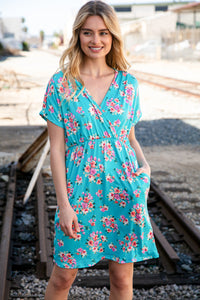 Teal Floral Surplice Elastic Waist Pocketed Dress