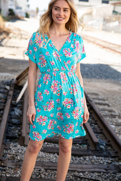 Teal Floral Surplice Elastic Waist Pocketed Dress