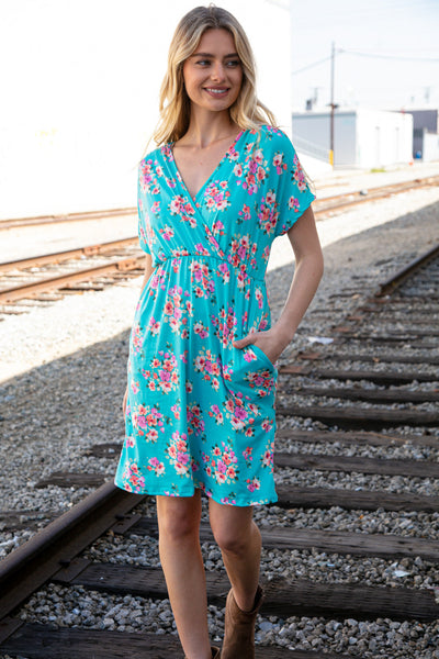 Teal Floral Surplice Elastic Waist Pocketed Dress