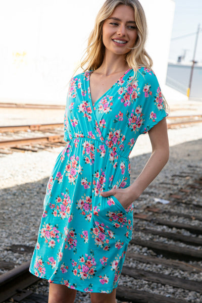 Teal Floral Surplice Elastic Waist Pocketed Dress