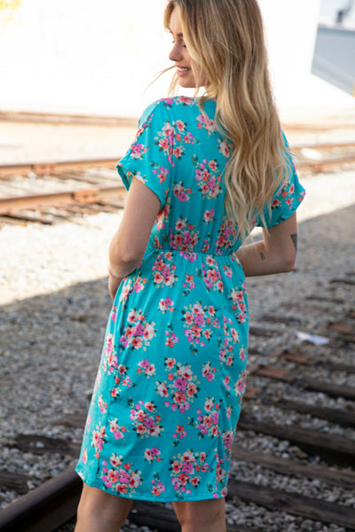 Teal Floral Surplice Elastic Waist Pocketed Dress