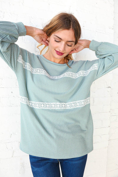 Sage Waffle Knit Crochet Lace Detail Top