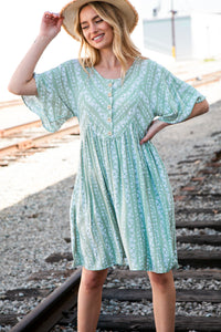 Sage Floral Stripe Yoke Woven Dress with Pockets