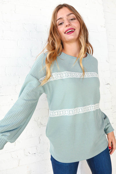 Sage Waffle Knit Crochet Lace Detail Top