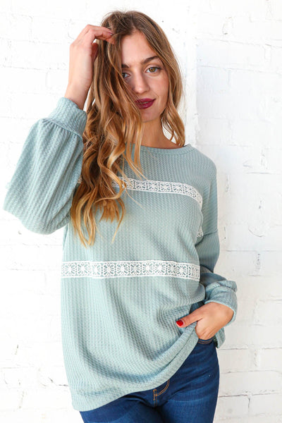 Sage Waffle Knit Crochet Lace Detail Top