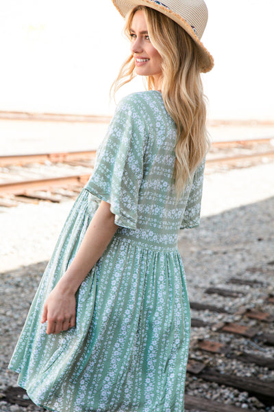 Sage Floral Stripe Yoke Woven Dress with Pockets