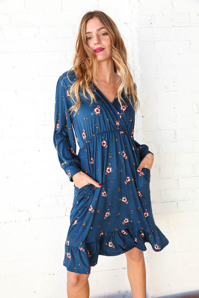 Safire Surplice Floral Fit and Flare Midi Length Dress