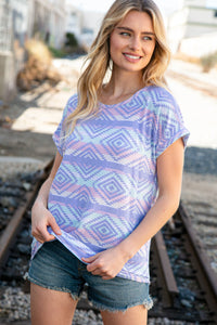 Lavender Terry Ethnic Print Capped Short Sleeve Top