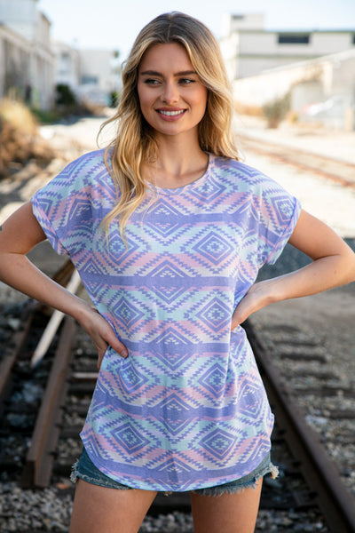 Lavender Terry Ethnic Print Capped Short Sleeve Top