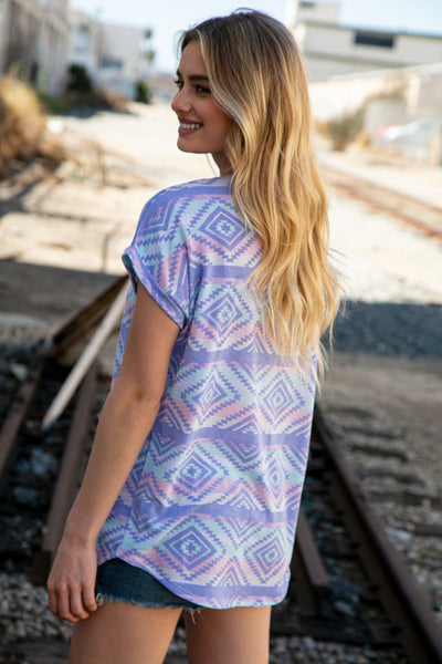 Lavender Terry Ethnic Print Capped Short Sleeve Top