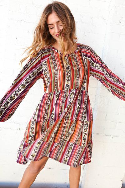 Multicolor Boho Color Block Tiered Knit Dress