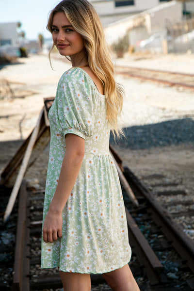 Mint Floral Print Puff Sleeve Pocketed Knit Dress