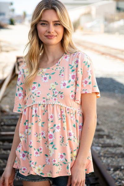 Peach Floral Babydoll Crochet Lace Peplum Top