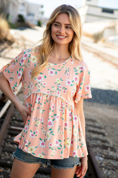 Peach Floral Babydoll Crochet Lace Peplum Top