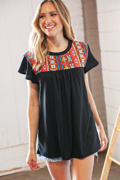 Black Pointelle Knit Boho Yoke Flutter Sleeve Top