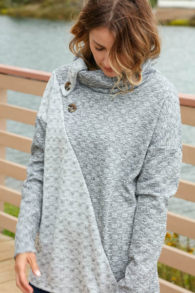 Jacquard Asymmetrical Cowl Neck Button Sweater