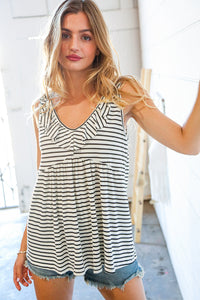 Ivory/Black Stripe Yarn Dye Ruffle Sleeveless Top