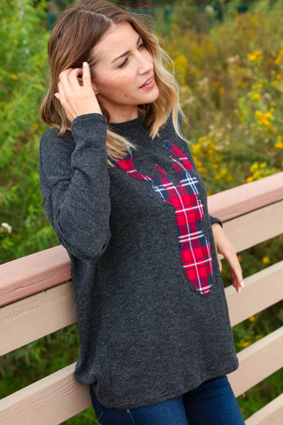 Grey Two Tone Knit Plaid Reindeer Sweater Top