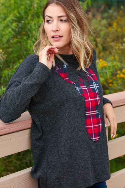 Grey Two Tone Knit Plaid Reindeer Sweater Top